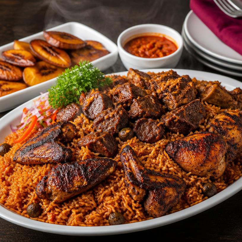 Jollof rice with assorted meats and plantain