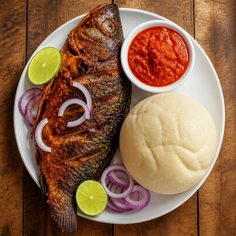 Grilled tilapia with banku and pepper sauce